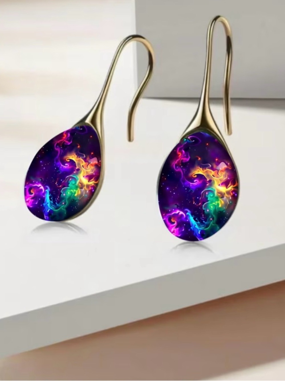 Gold Drop Earrings with Multicolor Nebula Resin Inlay - Picture 2 of 3